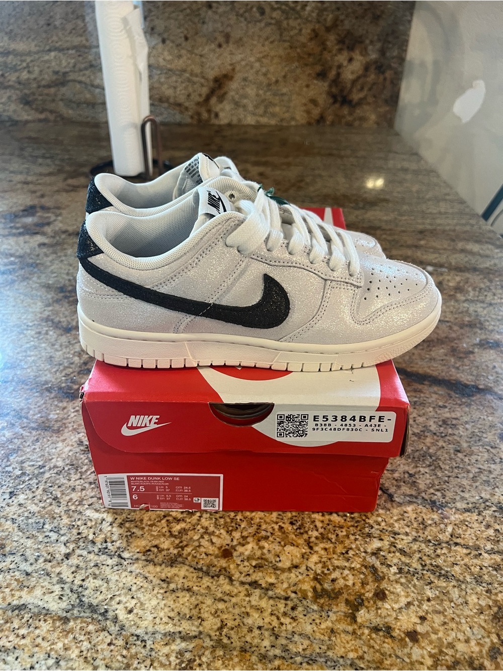 Nike Dunk Low SE White Glitter with Black Swoosh and Heel
